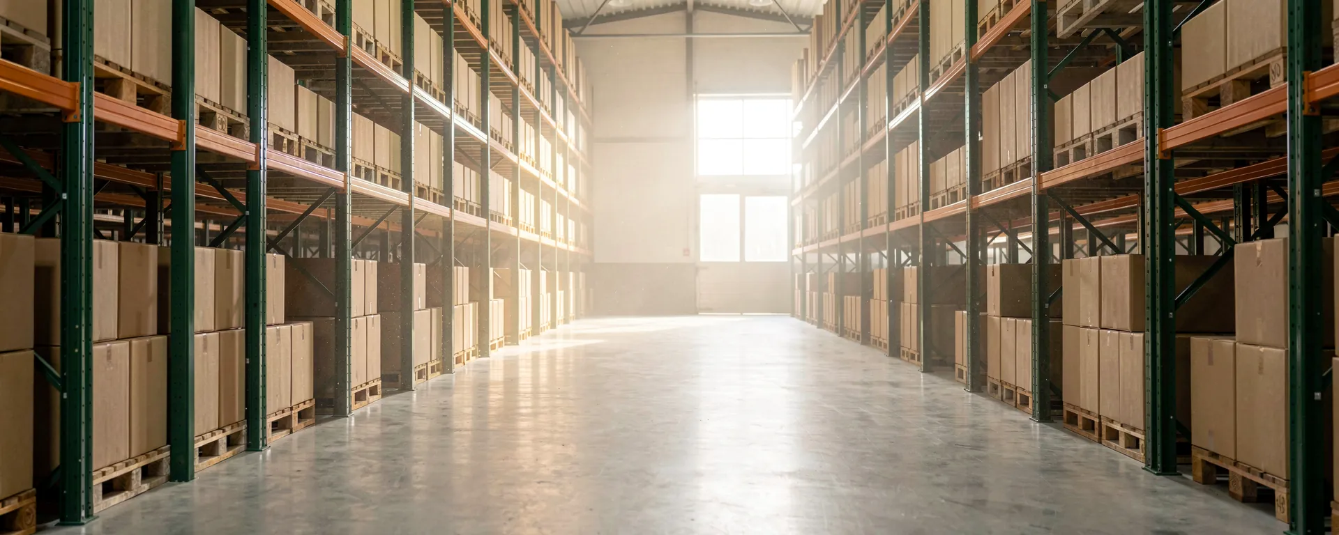 A warehouse aisle: tall racks of cardboard boxes on pallets, running to a lit window at the far end.