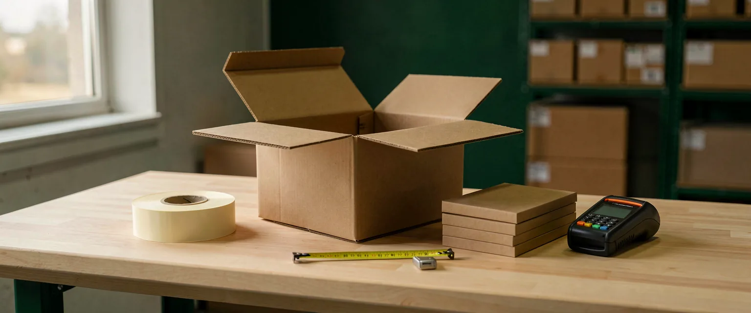 A packing bench: a plain cardboard box, tape and filler, a parcel being made up by hand.