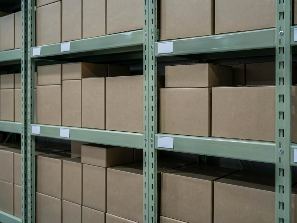 Green shelving with goods laid out in rows, each shelf carrying a blank location tag.